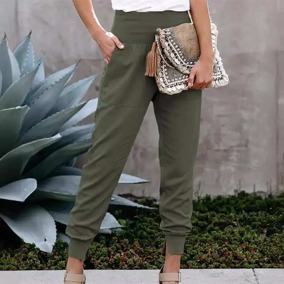 Women's Brown Elastic Waist Cropped Pants with Split Pattern - Image 4