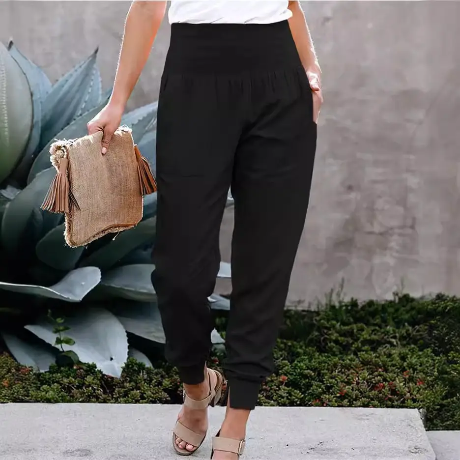 Women's Brown Elastic Waist Cropped Pants with Split Pattern - Image 5