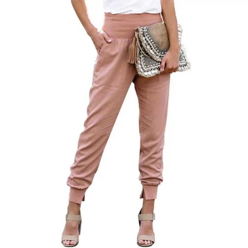 Women's Brown Elastic Waist Cropped Pants with Split Pattern - Image 6