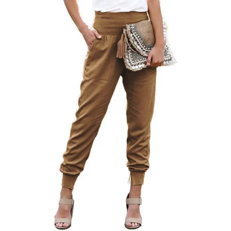 Women's Brown Elastic Waist Cropped Pants with Split Pattern - Image 7
