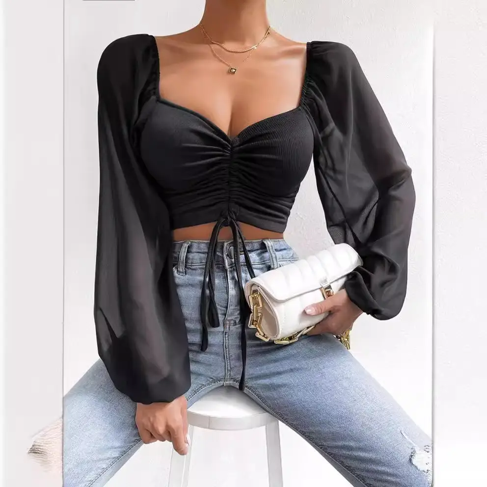 Red Chiffon Drawstring Top with Lantern Sleeve for Women - Image 16
