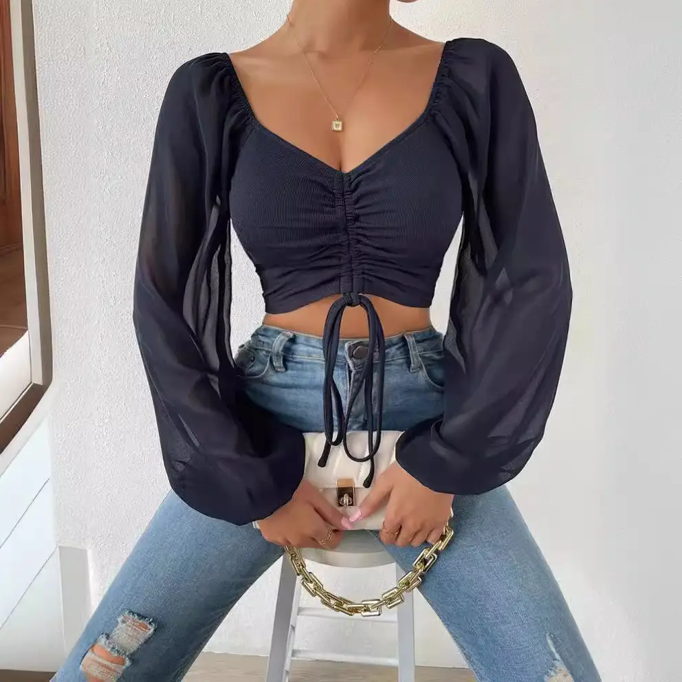 Red Chiffon Drawstring Top with Lantern Sleeve for Women - Image 18