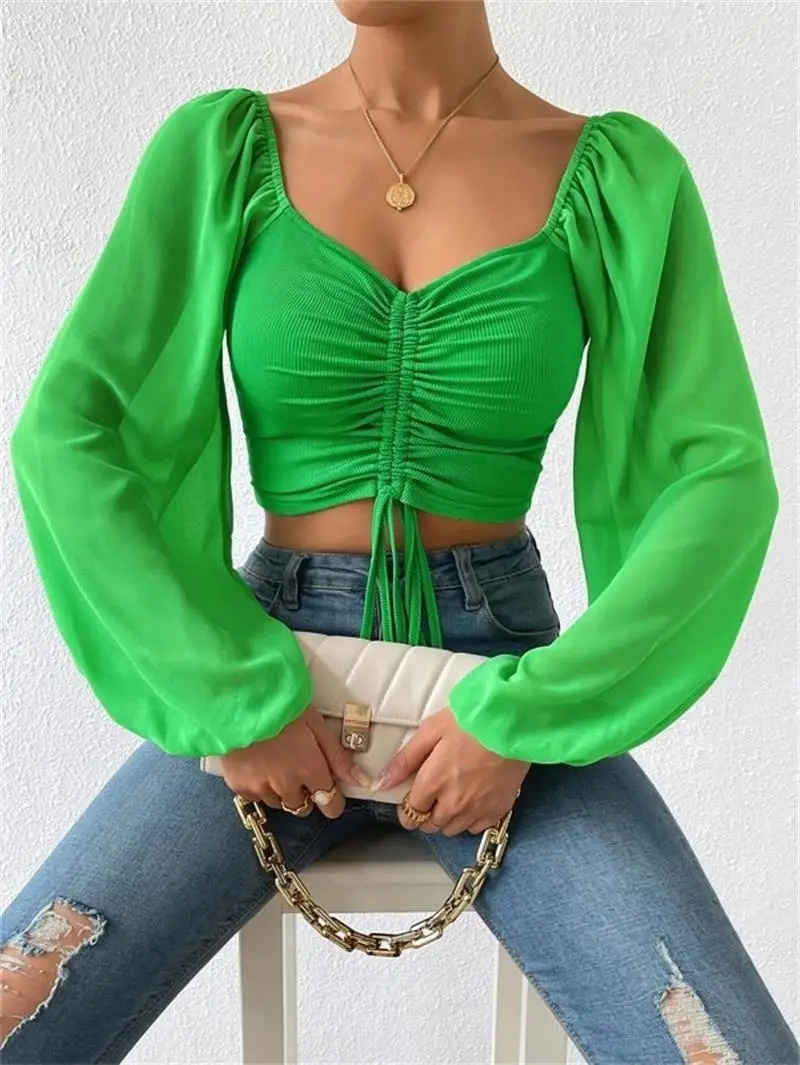 Red Chiffon Drawstring Top with Lantern Sleeve for Women - Image 10