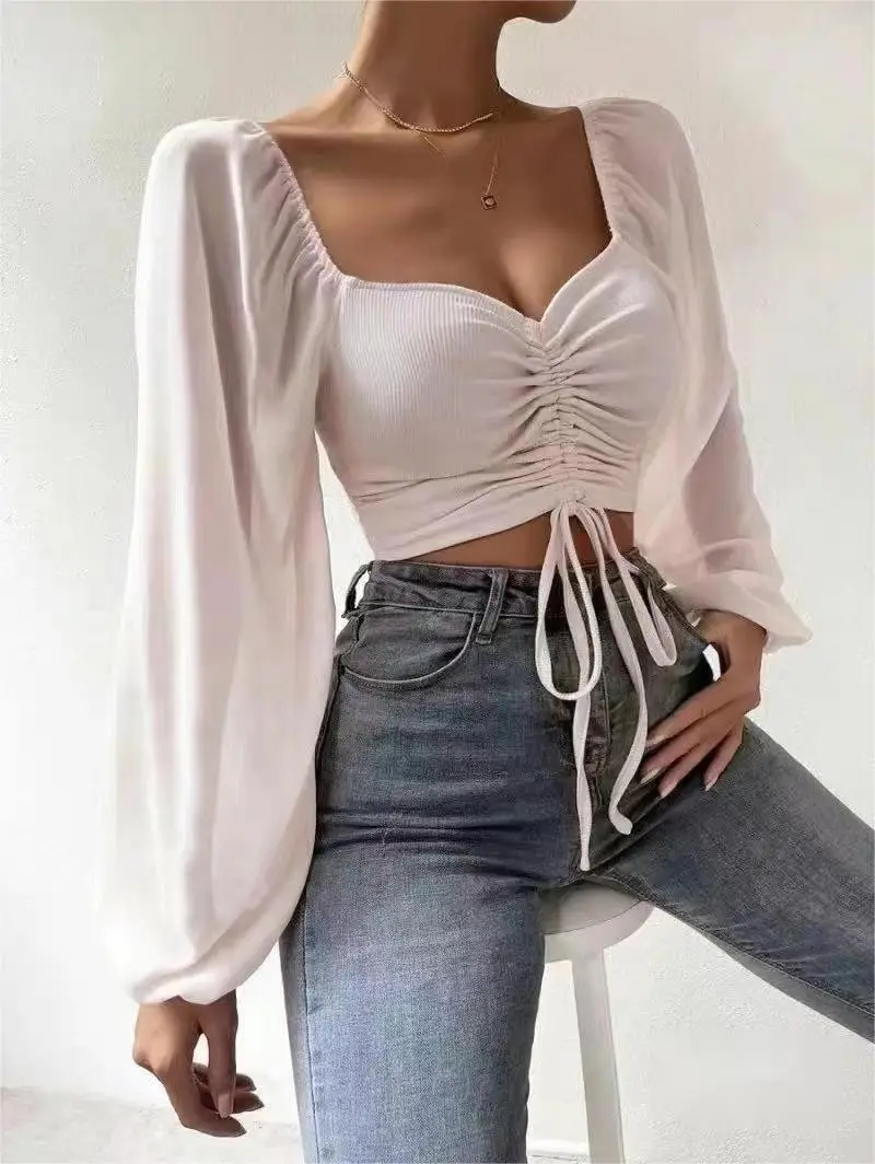 Red Chiffon Drawstring Top with Lantern Sleeve for Women - Image 14