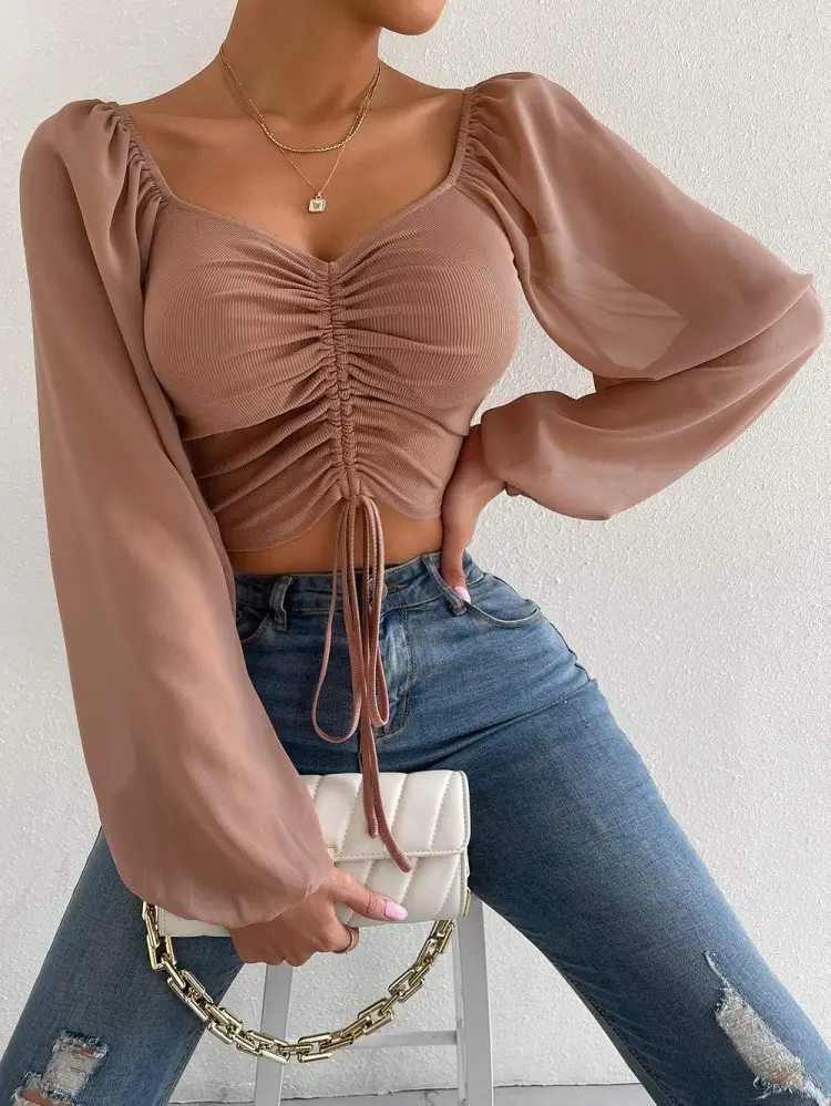 Red Chiffon Drawstring Top with Lantern Sleeve for Women - Image 4