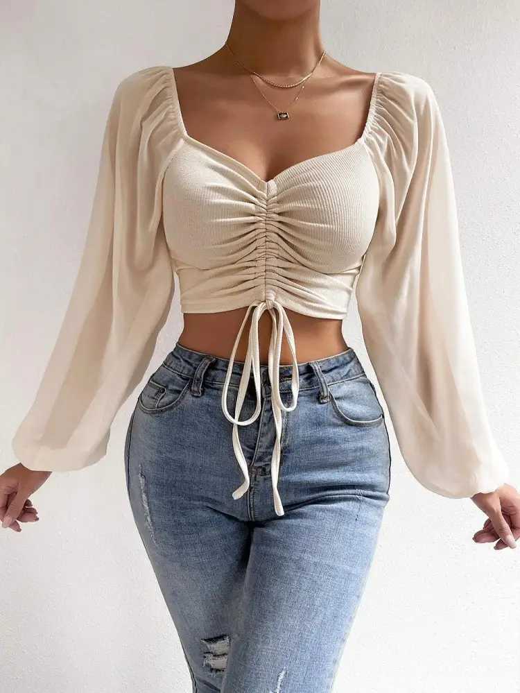 Red Chiffon Drawstring Top with Lantern Sleeve for Women - Image 5