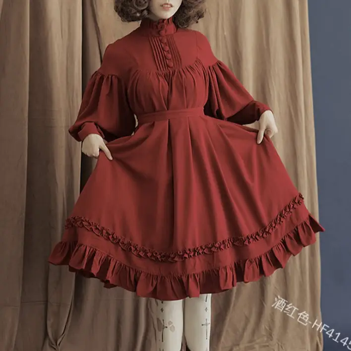 Japanese Style Long Sleeve Lace Dress Olive Green