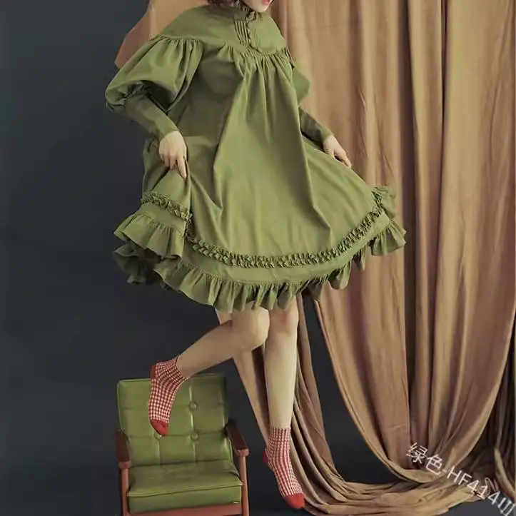 Japanese Style Long Sleeve Lace Dress Olive Green