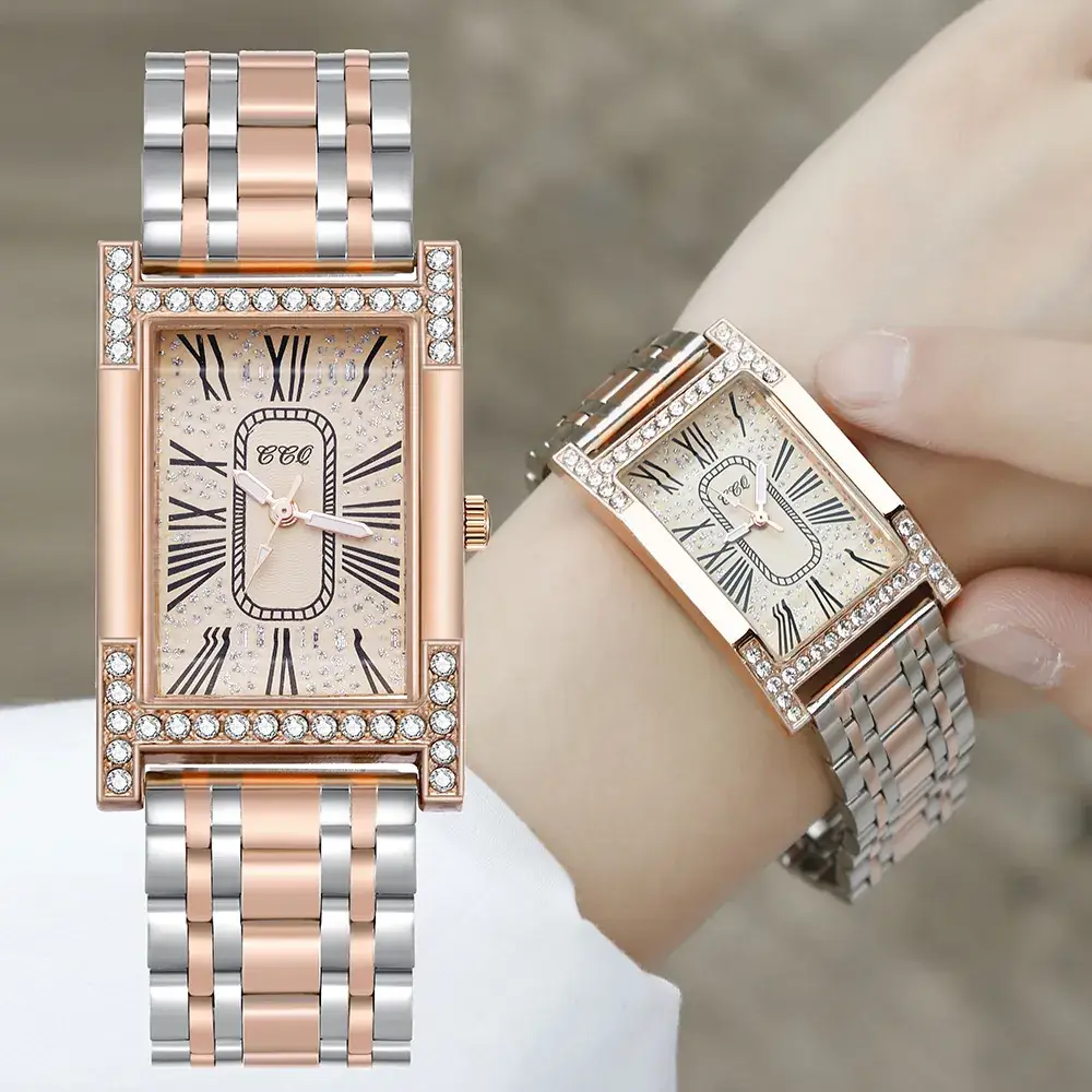 Women's Rose Gold Roman Numeral Quartz Watch with Diamond Bracelet - Image 4