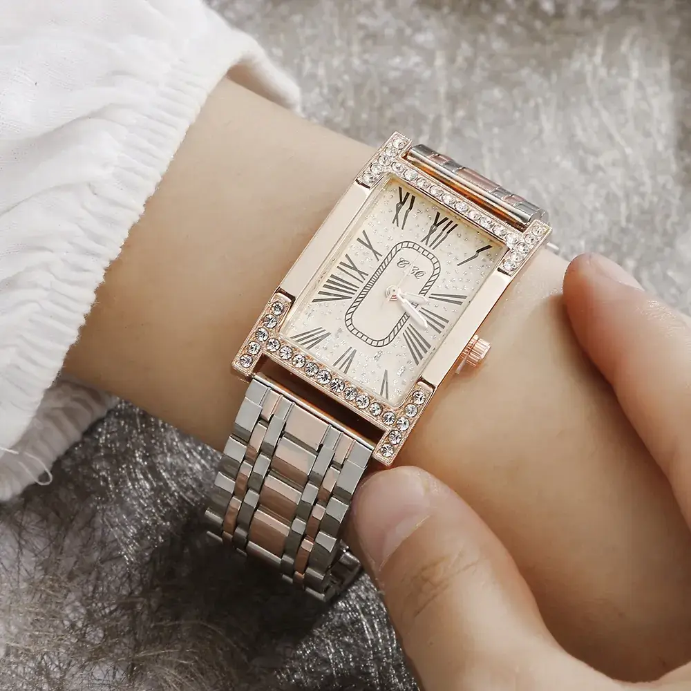 Women's Rose Gold Roman Numeral Quartz Watch with Diamond Bracelet - Image 5