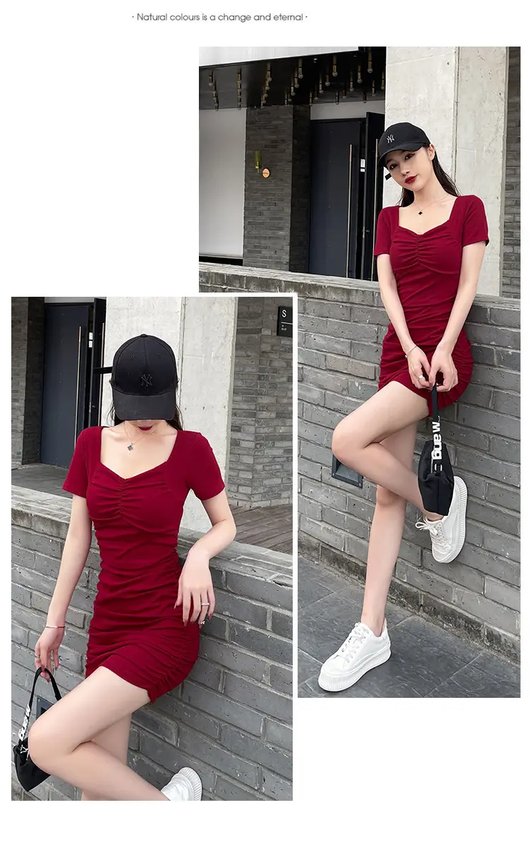 Small Hip-Hugging Pleated Skirt Dress Pink — feature 13