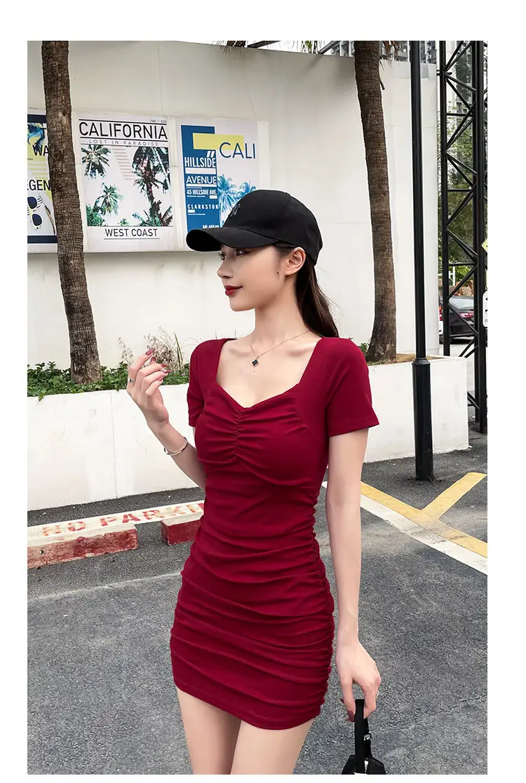 Small Hip-Hugging Pleated Skirt Dress Pink — feature 14