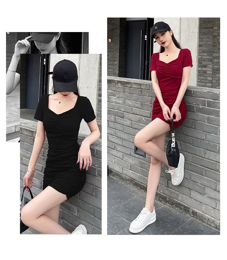 Small Hip-Hugging Pleated Skirt Dress Pink — feature 4