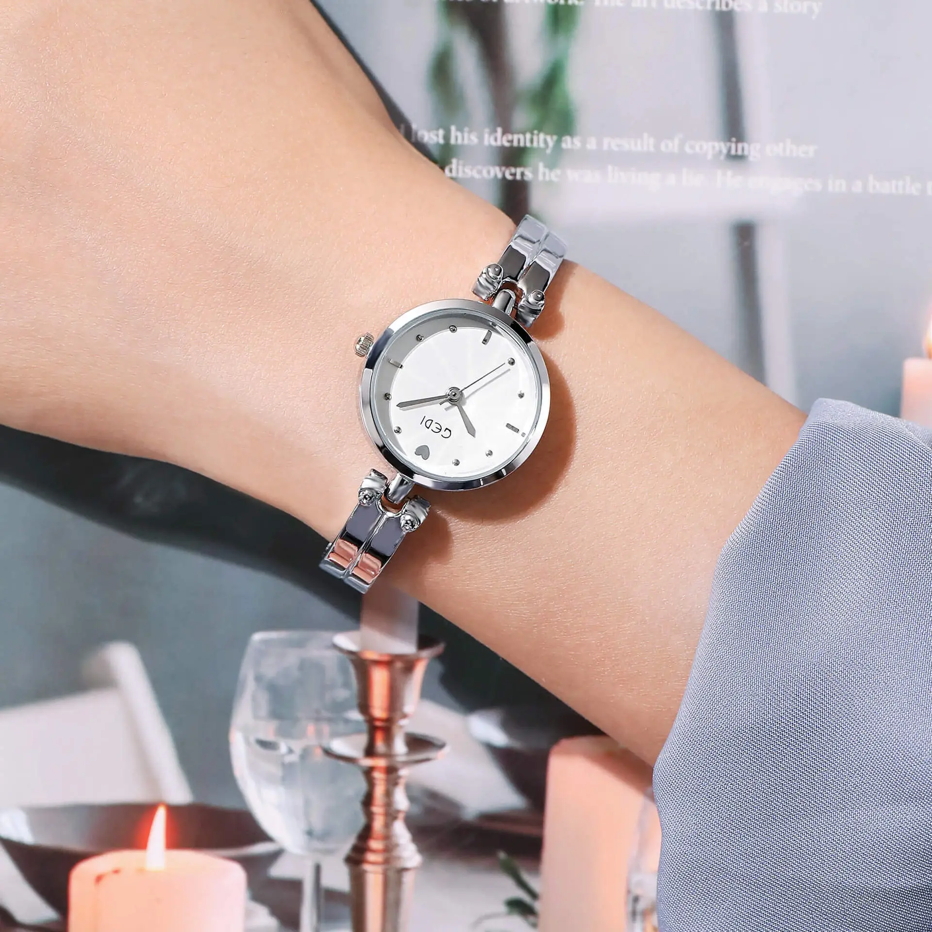 Women's Silver Quartz Bracelet Watch with Diamond Details - Image 6