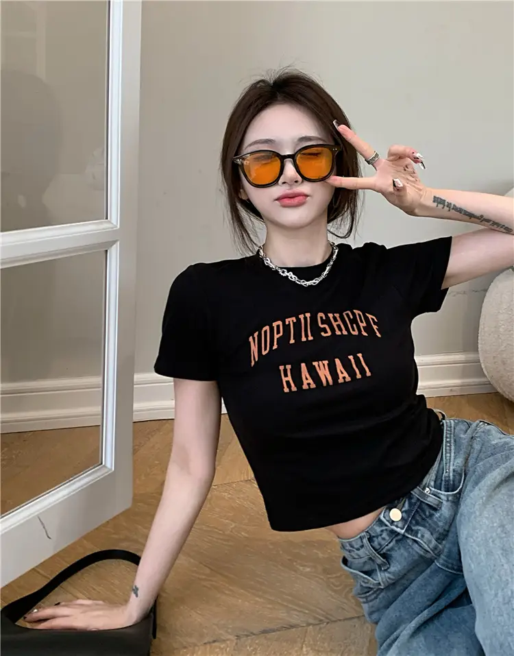 Women Black Letter T-Shirt Summer 2025 Hot Girl Style - Image 3