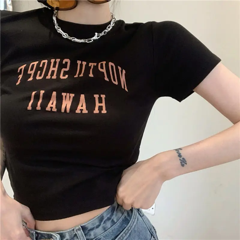 Women Black Letter T-Shirt Summer 2025 Hot Girl Style - Image 5