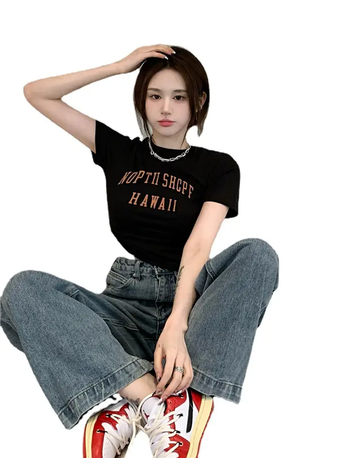 Women Black Letter T-Shirt Summer 2025 Hot Girl Style - Image 7