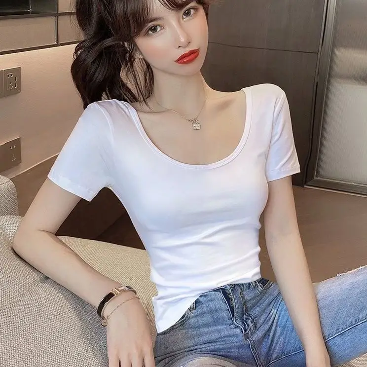 Women Pure Cotton U-Neck T-Shirt White Summer 2024 - Image 5
