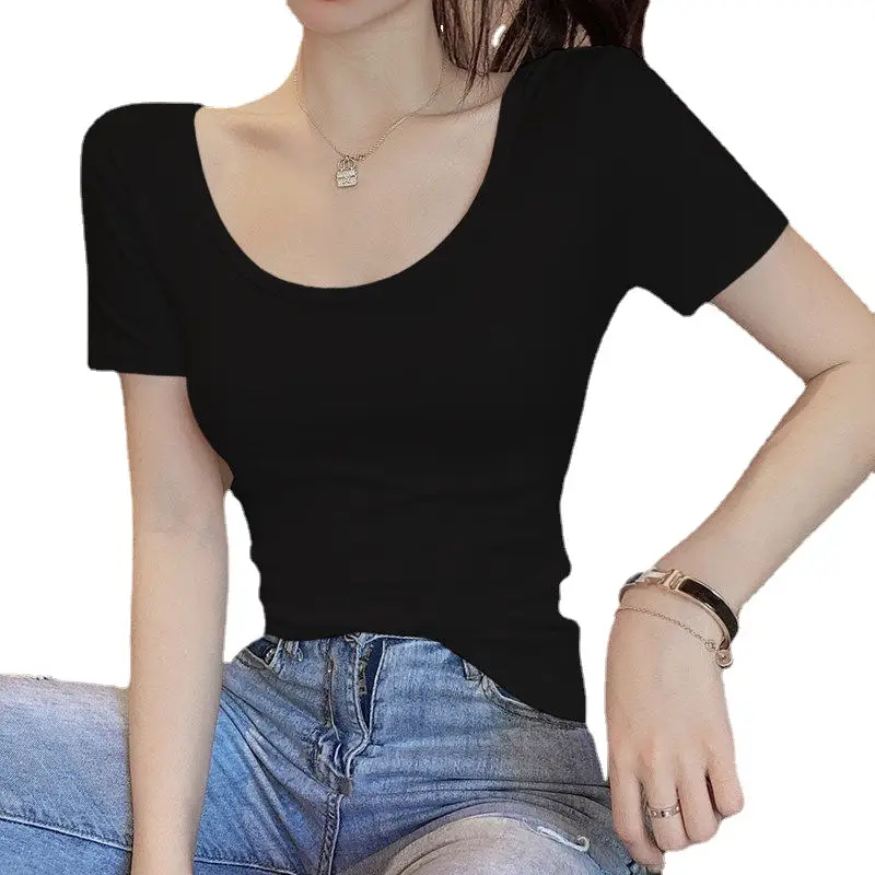 Women Pure Cotton U-Neck T-Shirt White Summer 2024 - Image 8