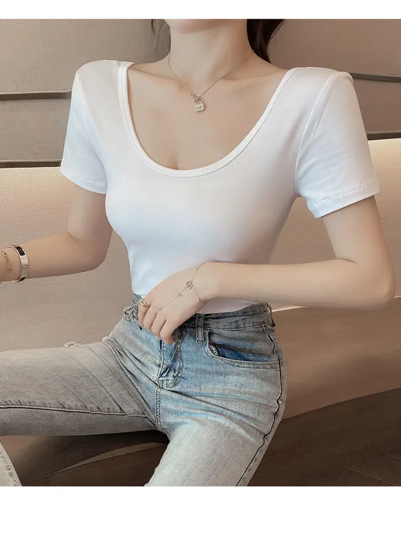 Women Pure Cotton U-Neck T-Shirt White Summer 2024 — feature 16