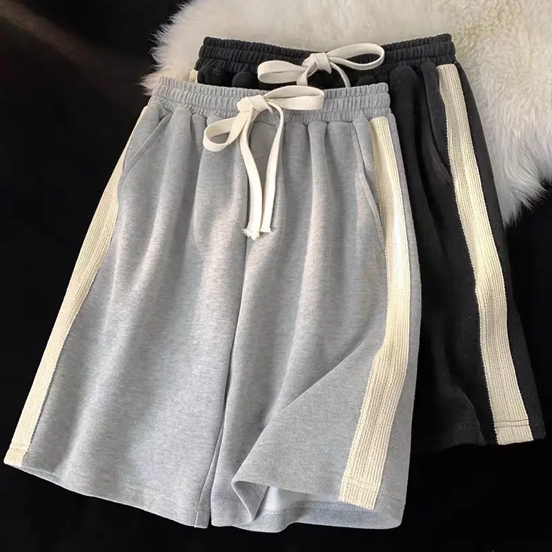 Women Drawstring Shorts Grey Black Wide Leg Summer - Image 4