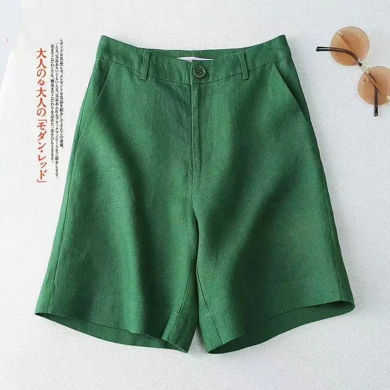 Women Cotton Linen Wide Leg Shorts Medium White