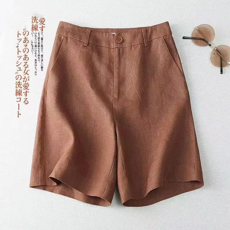 Women Cotton Linen Wide Leg Shorts Medium White