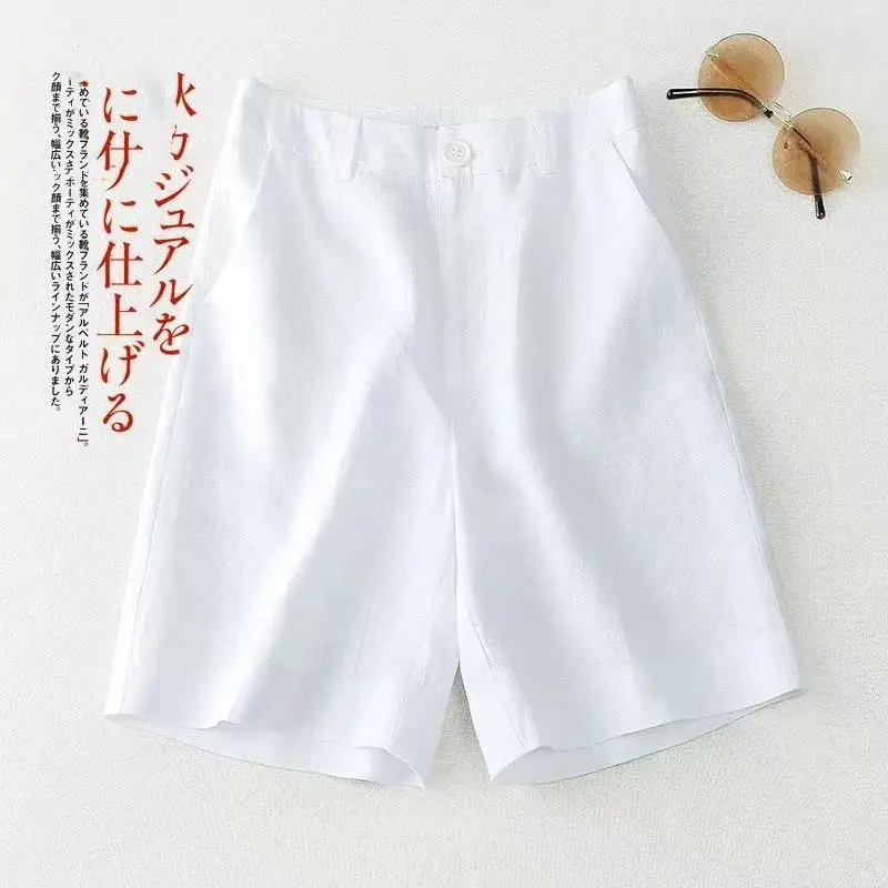 Women Cotton Linen Wide Leg Shorts Medium White