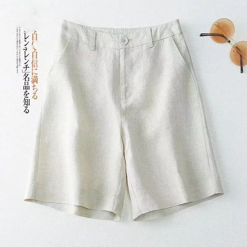 Women Cotton Linen Wide Leg Shorts Medium White