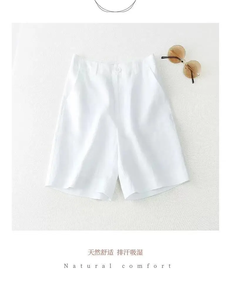 Women Cotton Linen Wide Leg Shorts Medium White — feature 7