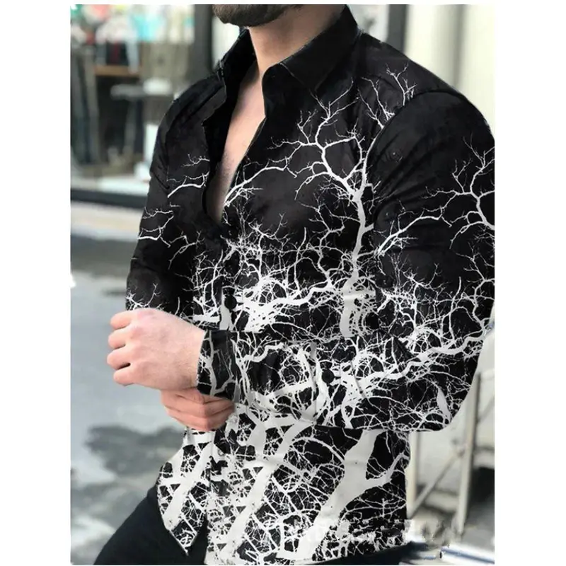 Men 3D Printed Geometric Shirt Black Long Sleeve Button