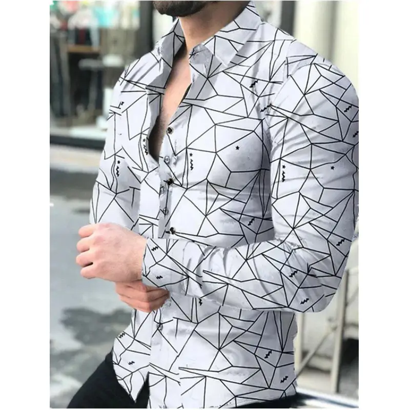Men 3D Printed Geometric Shirt Black Long Sleeve Button
