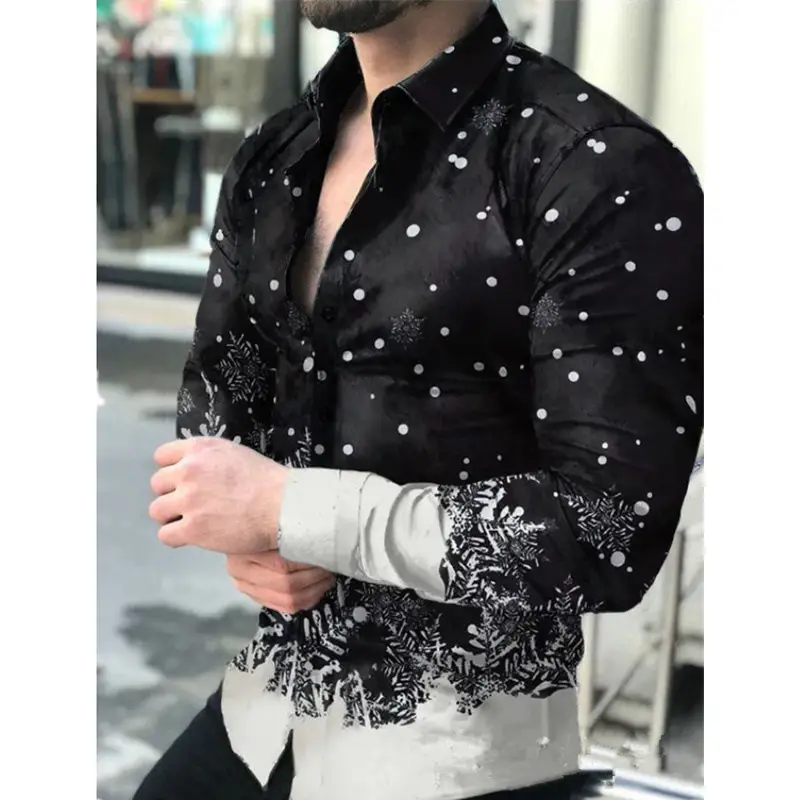 Men 3D Printed Geometric Shirt Black Long Sleeve Button