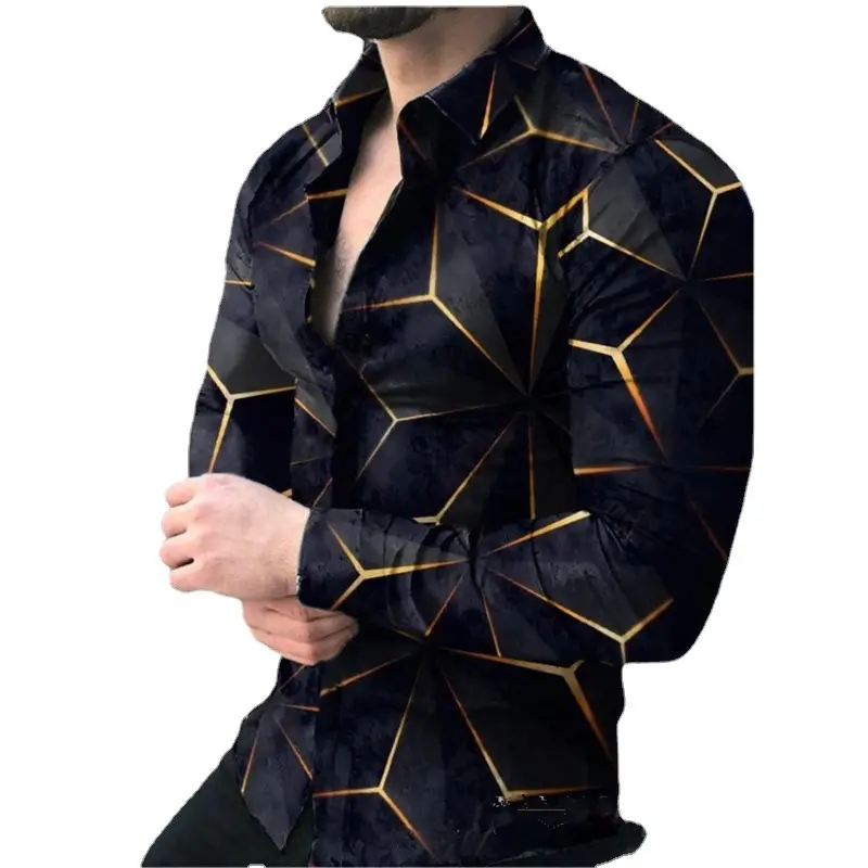 Men 3D Printed Geometric Shirt Black Long Sleeve Button