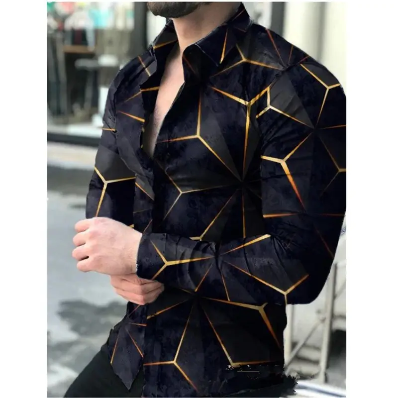 Men 3D Printed Geometric Shirt Black Long Sleeve Button