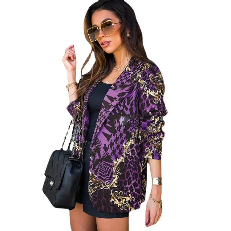 2024 Printed Blazer for Women Long Sleeve Black Gold - Image 9