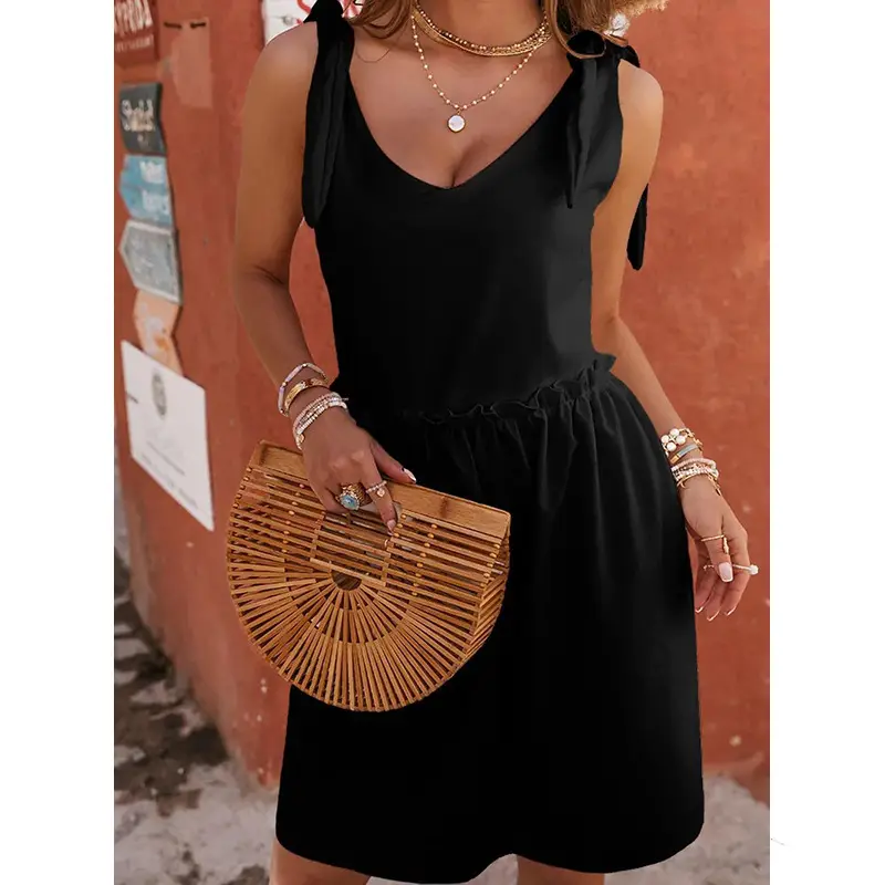 Black Sleeveless V Neck Summer Dress for Women - Image 3