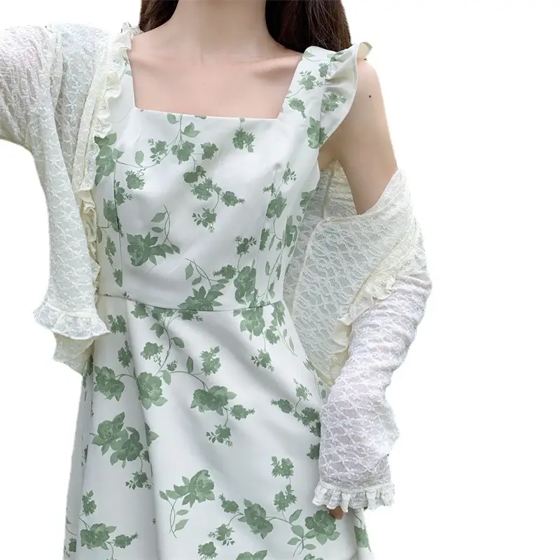 Women's Green Floral Gown with Square Collar Waist - Image 6