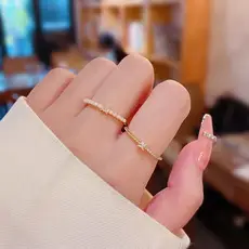 Women's Adjustable Crystal Pearl Ring with French Flower Design — feature 4
