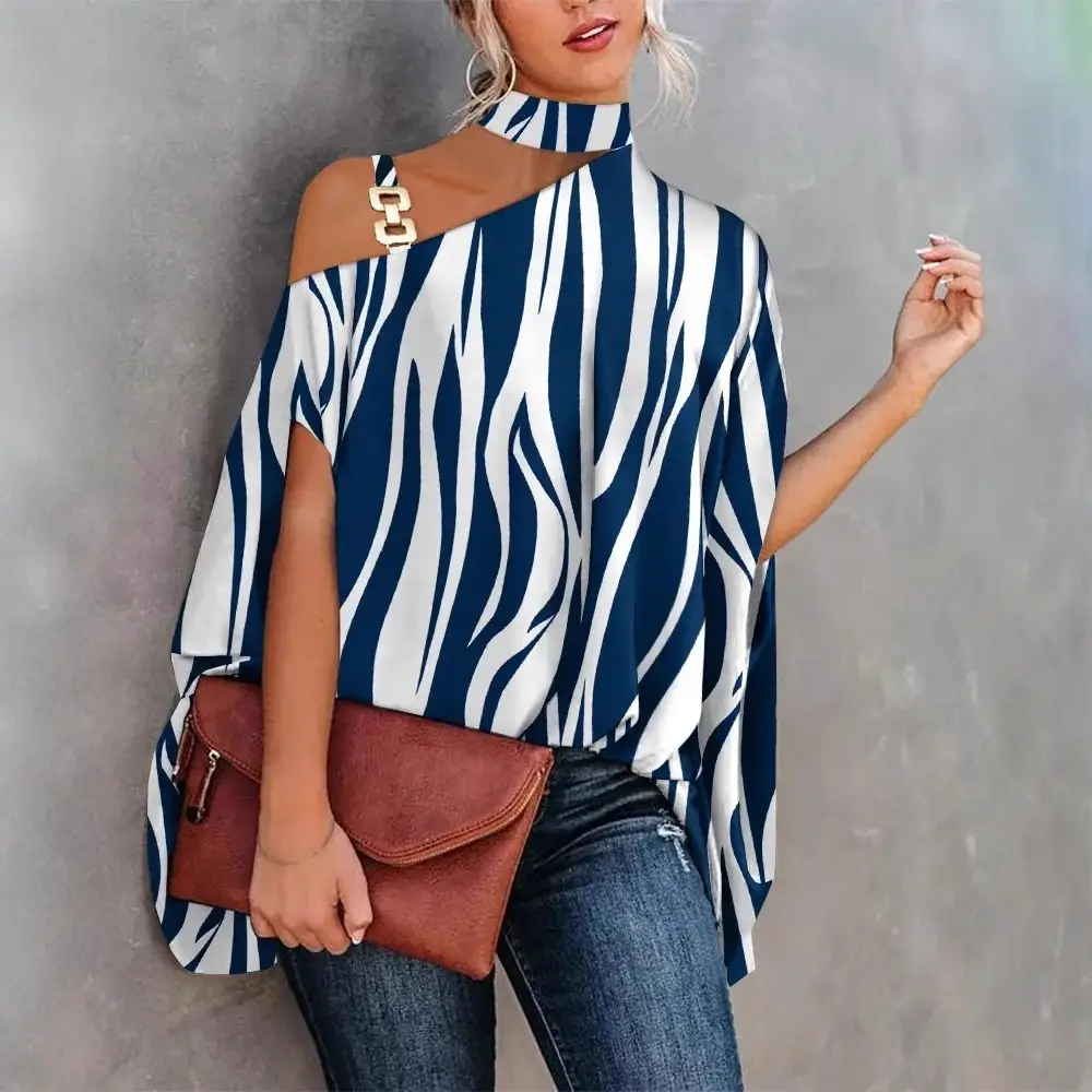 Women's Navy Printed Neck Sleeve Shirt with Shoulder Cut - Image 10