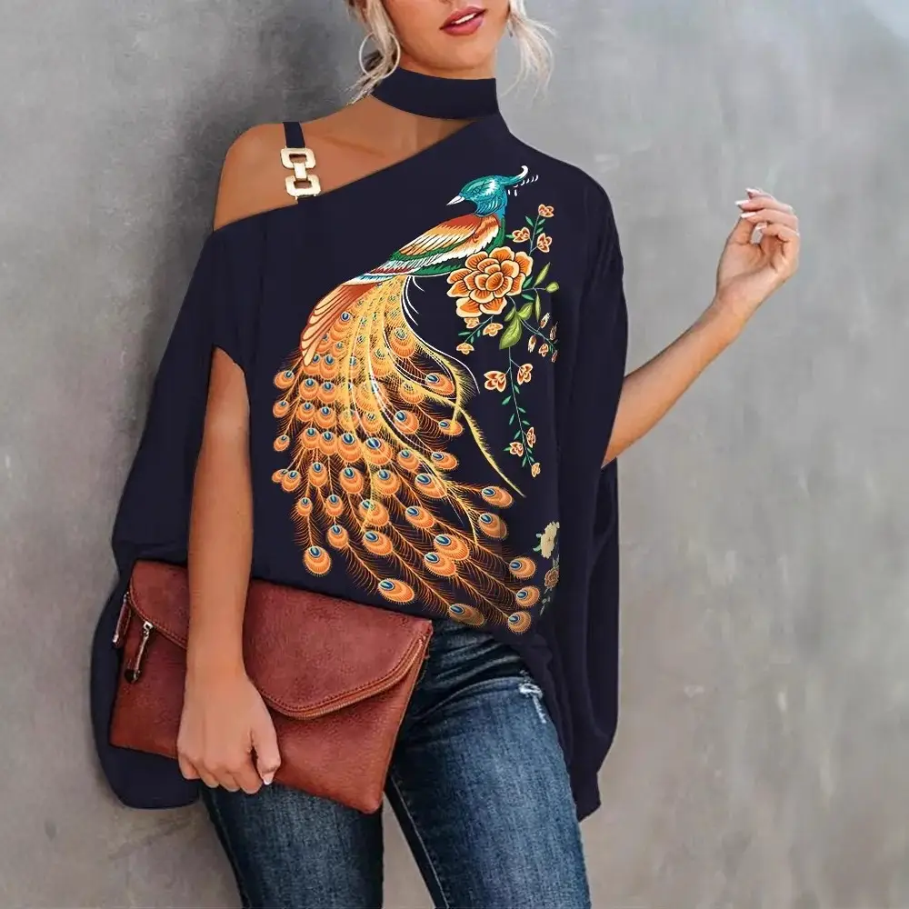 Women's Navy Printed Neck Sleeve Shirt with Shoulder Cut - Image 11