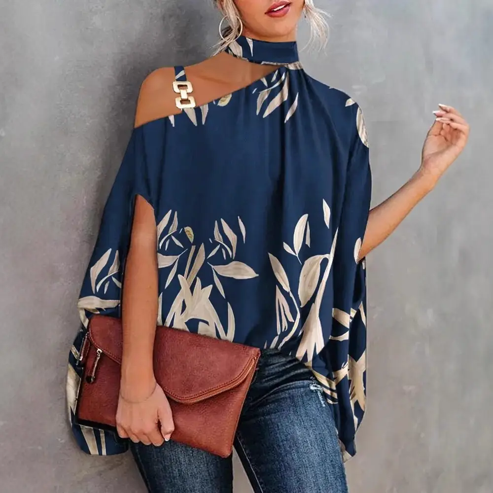 Women's Navy Printed Neck Sleeve Shirt with Shoulder Cut - Image 12