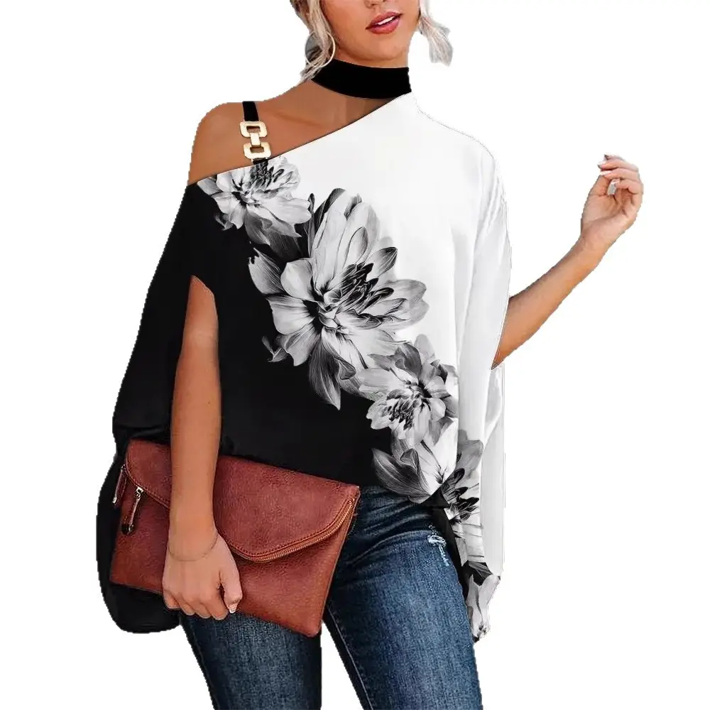 Women's Navy Printed Neck Sleeve Shirt with Shoulder Cut - Image 13