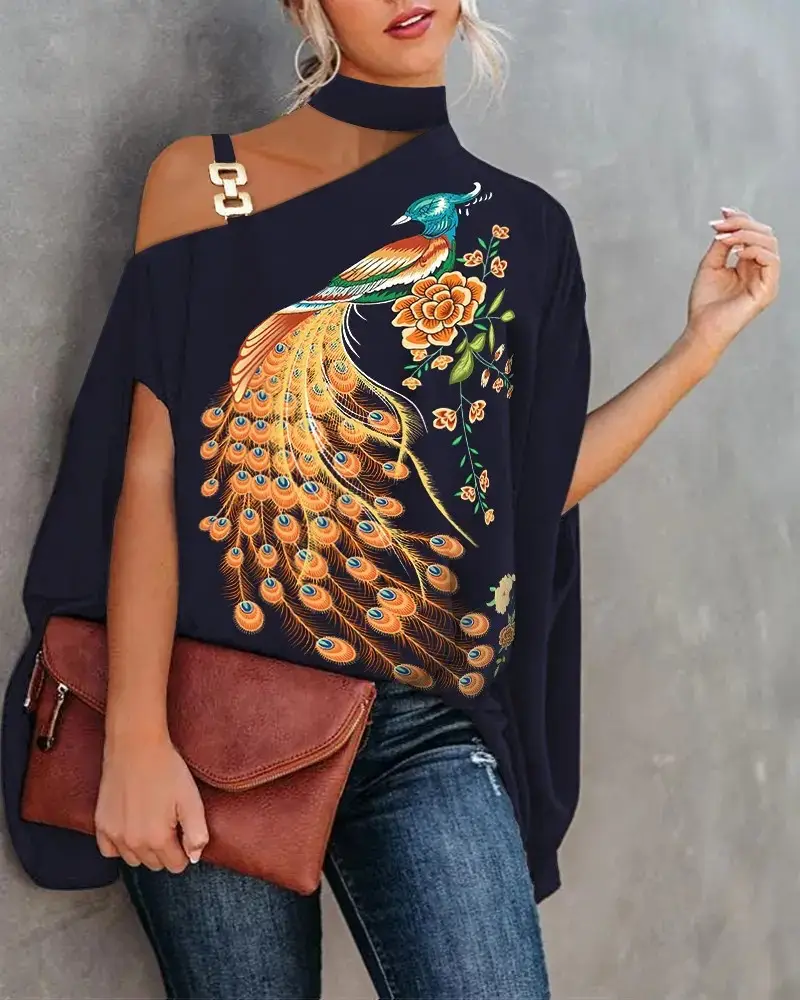 Women's Navy Printed Neck Sleeve Shirt with Shoulder Cut - Image 2