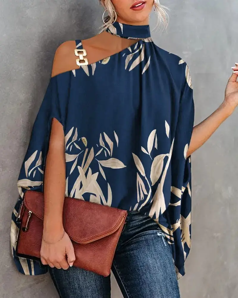 Women's Navy Printed Neck Sleeve Shirt with Shoulder Cut - Image 3