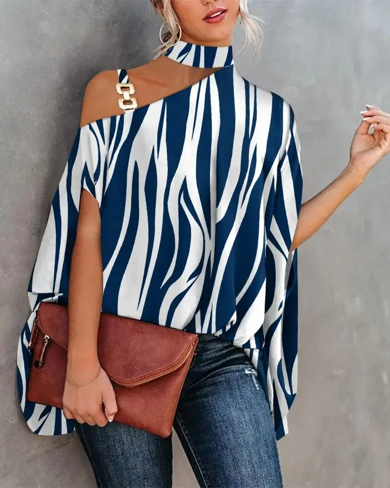 Women's Navy Printed Neck Sleeve Shirt with Shoulder Cut - Image 4