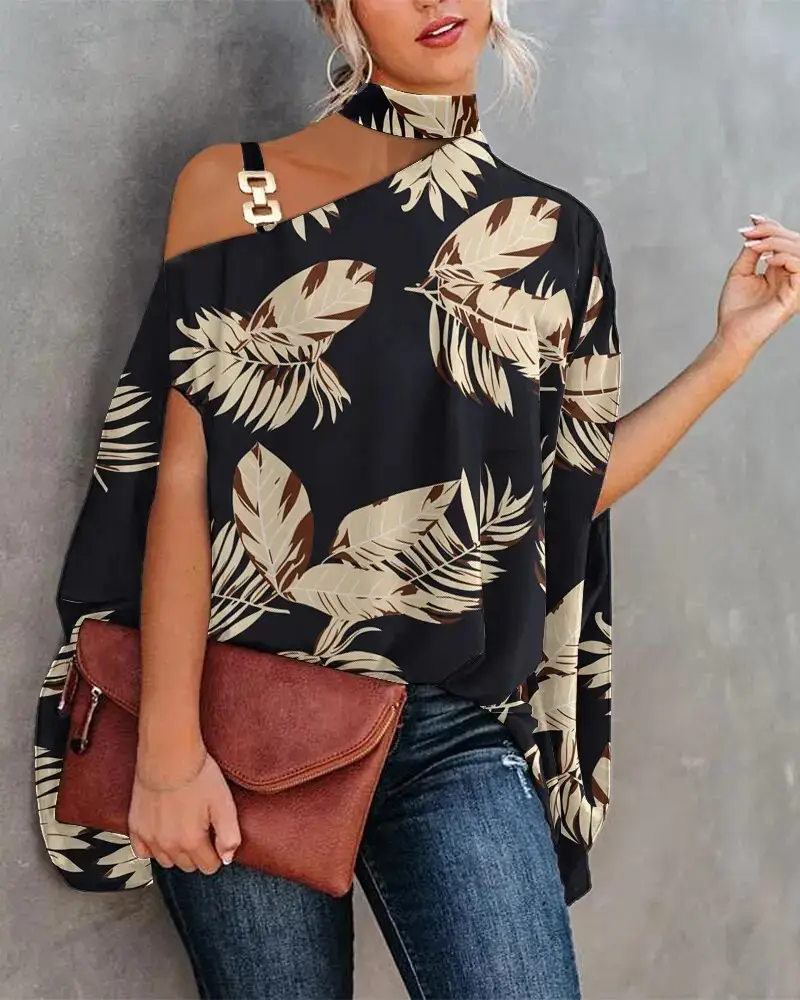 Women's Navy Printed Neck Sleeve Shirt with Shoulder Cut - Image 5