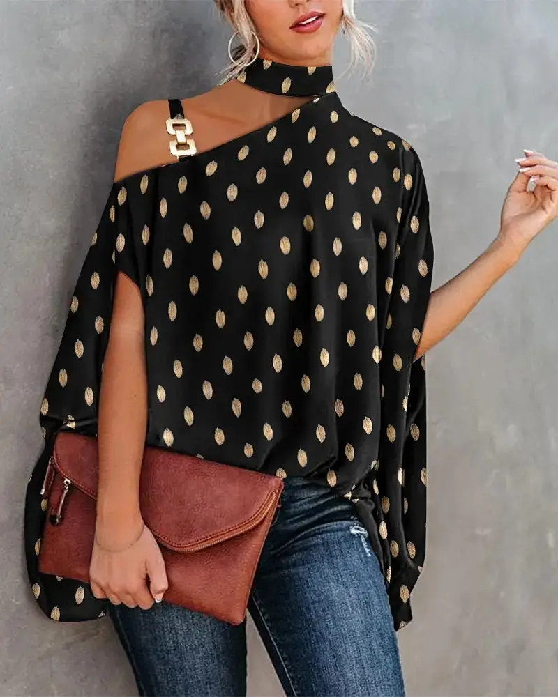 Women's Navy Printed Neck Sleeve Shirt with Shoulder Cut - Image 6