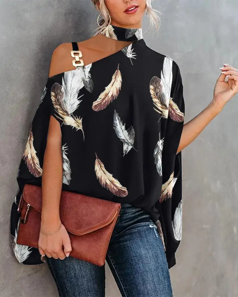 Women's Navy Printed Neck Sleeve Shirt with Shoulder Cut - Image 7
