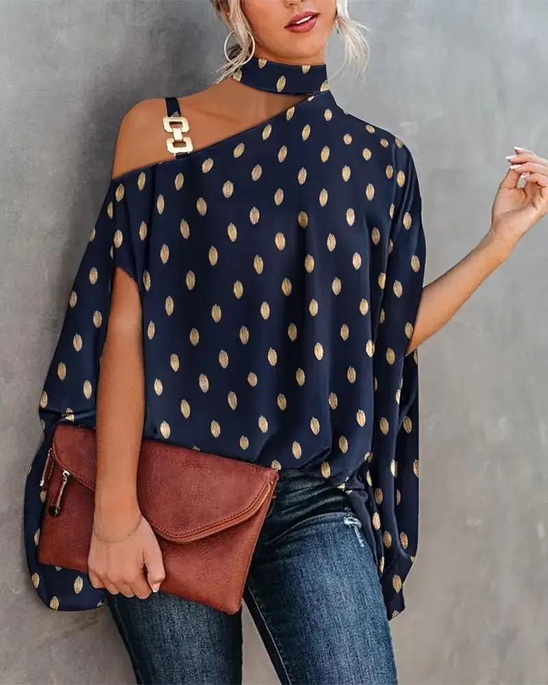 Women's Navy Printed Neck Sleeve Shirt with Shoulder Cut - Image 8